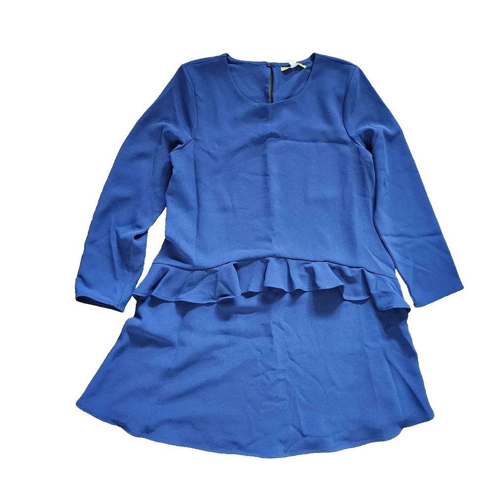 Gianni‎ Bini Blue Dress Long Sleeve Drop Waist Crew Neck Ruffle A-Line Short S